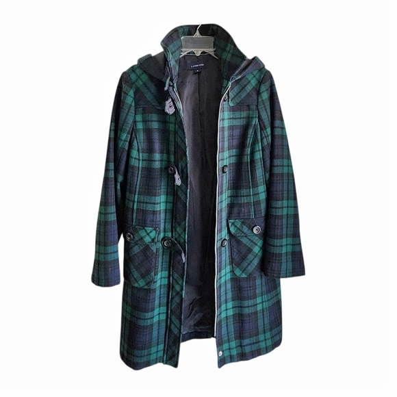 Vintage Lands End Wool Blend Duffle Coat Women L/XL Navy Green Tartan Plaid Hood - Picture 5 of 13